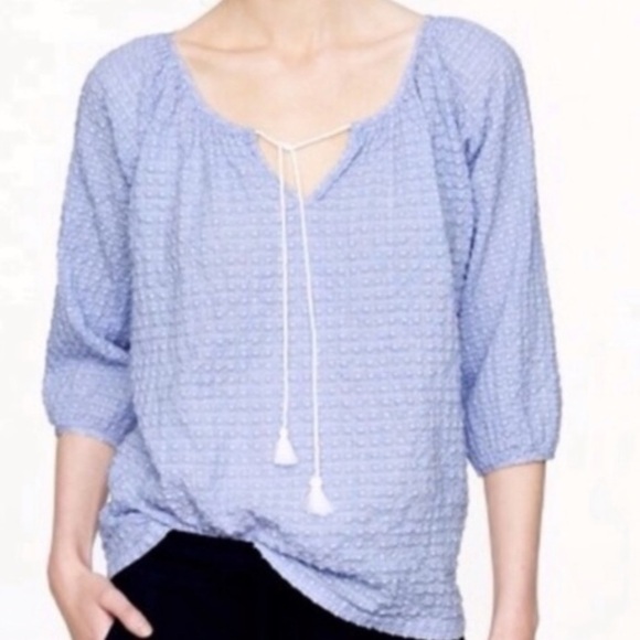 J. Crew Tops - J.Crew Light Blue & White Poet Sleeve Clip Dot Textured Top Blouse 3/4 Sleeve M